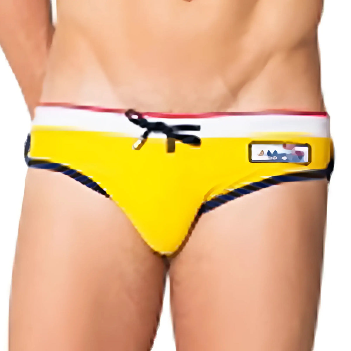 Bright yellow Marcuse MA Cargo23 swim trunks with white waistband red and navy trim and black drawstrings