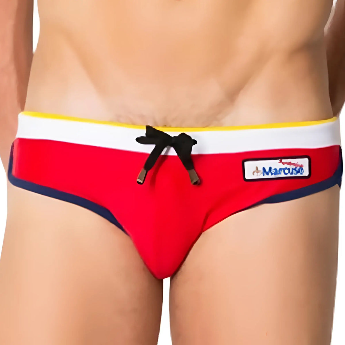 Marcuse MA Cargo23 red swim trunks with white and yellow waistband, navy blue trim, and black bow tie