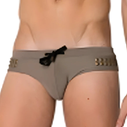 Marcuse ma_stud swimwear gray swim trunks with black drawstring and gold-tone metallic waistband embellishments