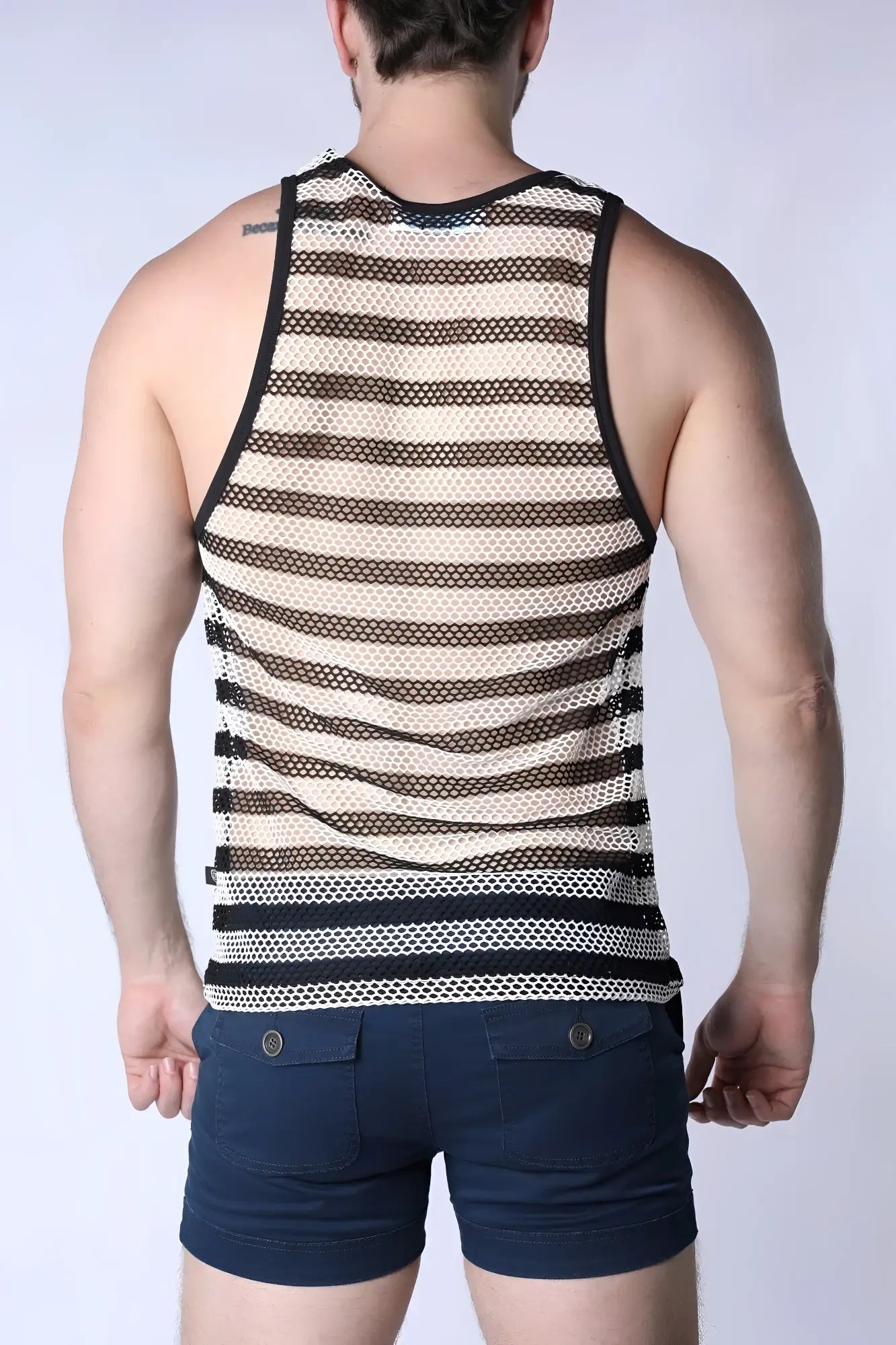 Mariner mesh stripe tank top black and cream striped mesh with black trim for casual summer wear