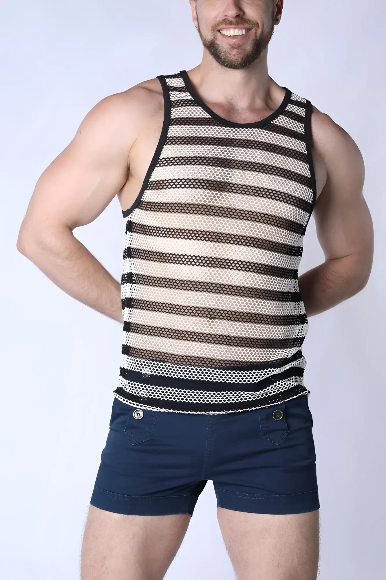 Mariner mesh stripe tank top black and white striped mesh with round neckline and elasticated hem
