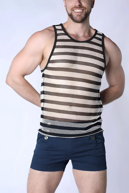 Mariner mesh stripe tank top black and white striped mesh with round neckline and elasticated hem
