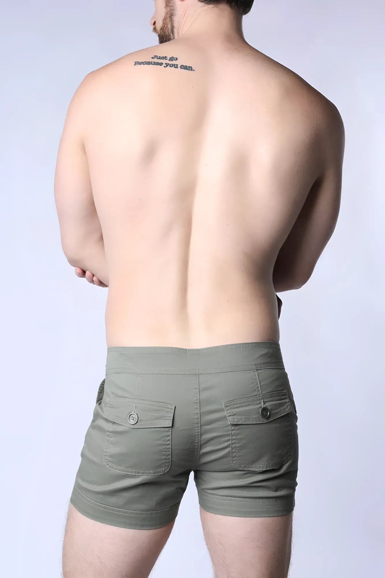 Olive green mariner sailor short cargo shorts with buttoned flap pockets and tapered leg cut designed for comfort