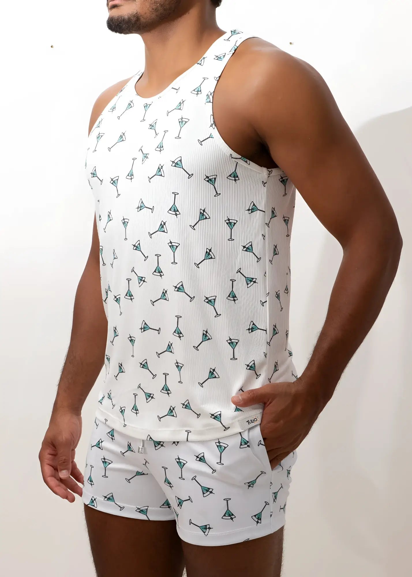 White ribbed tank top and shorts set with repeating teal martini glass print in martini print tank collection