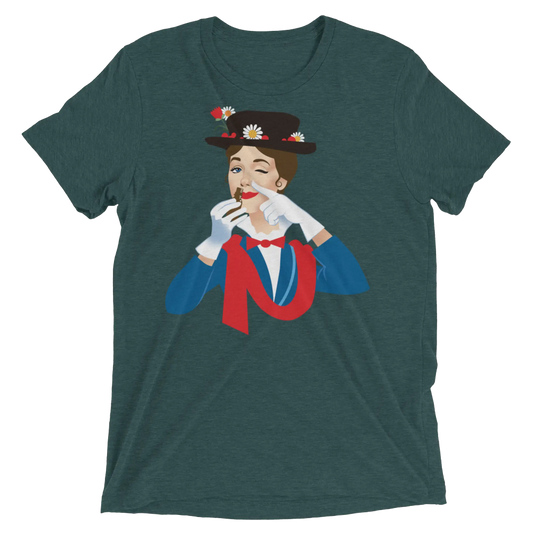 Dark green heathered cotton t-shirt featuring a colorful graphic of a woman in a top hat with daisies titled mary poppers