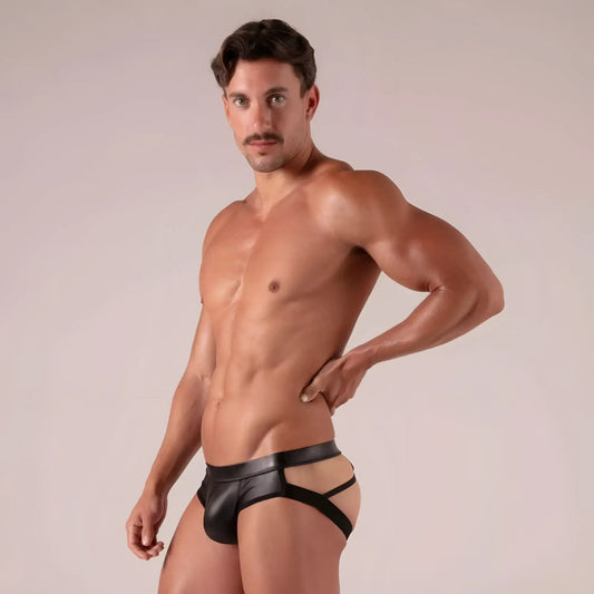 Master straps jock brief black patent leather briefs with cutout design shown from the back side