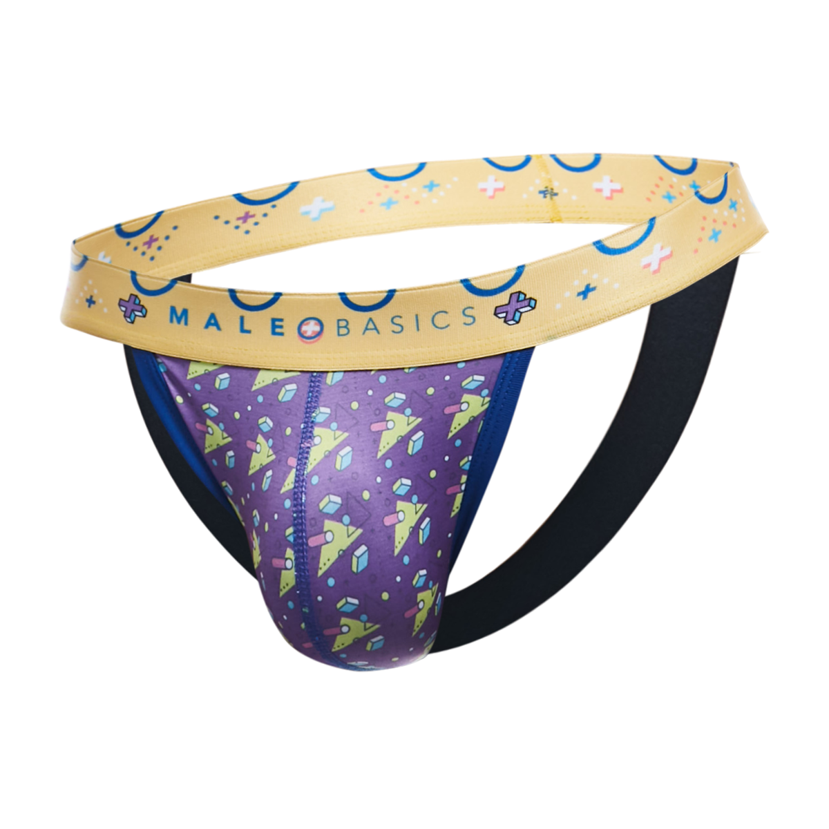 A men's thong-style brief from MaleBasics featuring a purple front pouch with a colorful space-themed print of planets, stars, and crystals, a beige waistband with blue crescent moons and stars, and a black elastic back support strap, shown on a plain white background.