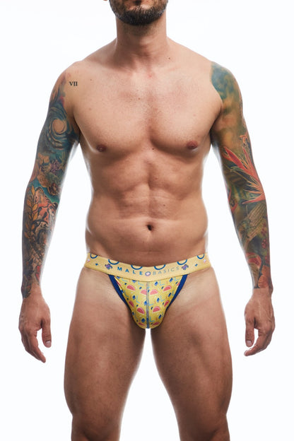 Man wearing colorful men's Jockstrap underwear by MaleBasics on a white background