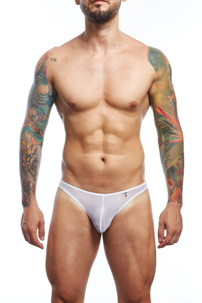 White mesh sheer thong briefs with a small front logo designed for lightweight comfort and breathability