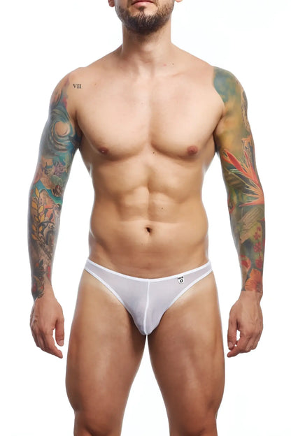White mesh sheer thong briefs with a small front logo designed for lightweight comfort and breathability