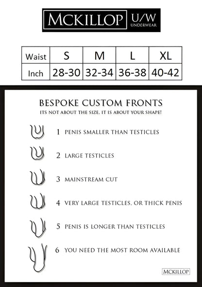 Mckillop bulge envy custom modal long boxer brief underwear navy with bespoke front sizing chart for six shapes