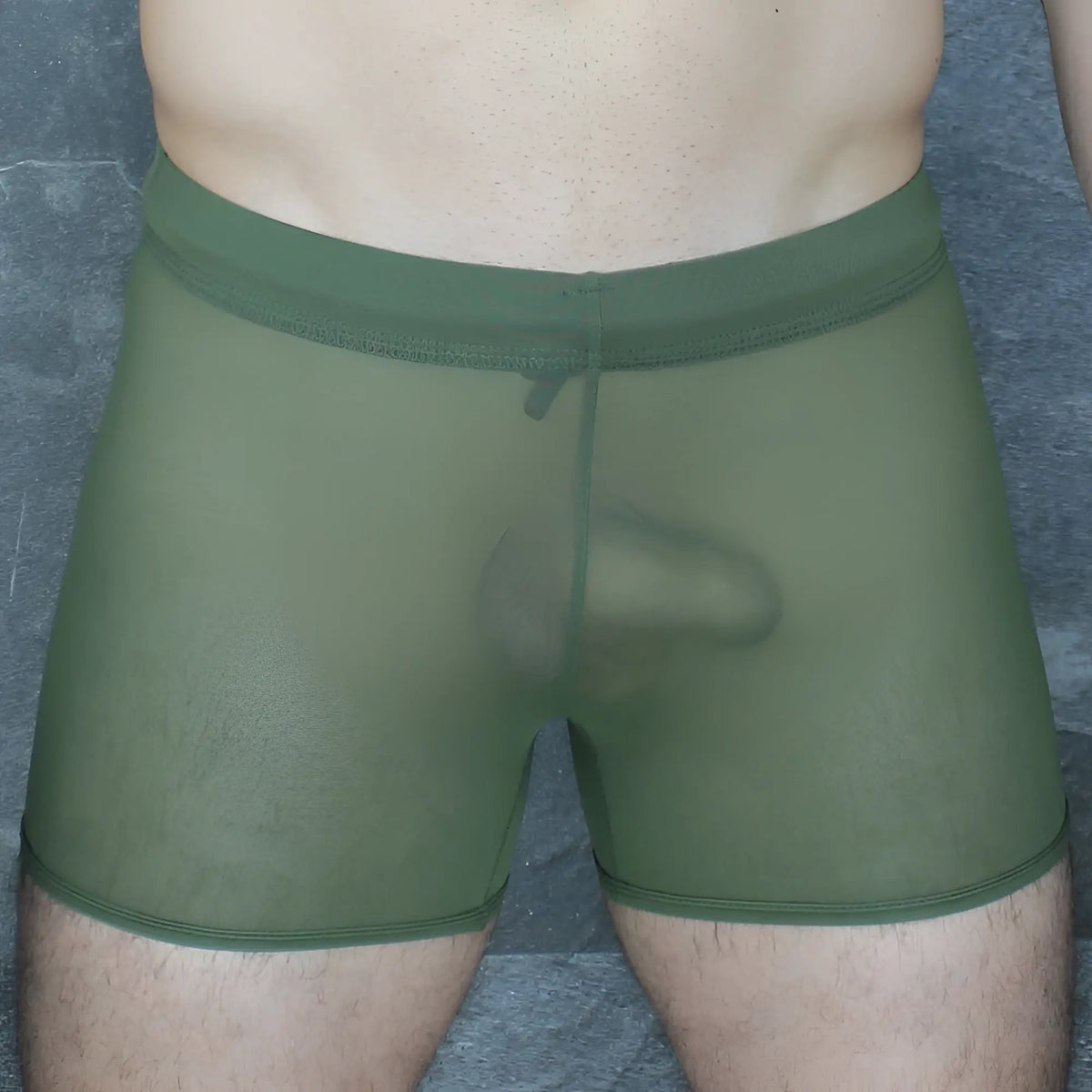 Olive green sheer mesh boxer briefs with solid waistband and front pouch from mckillop daus tackle shorts ultra mesh