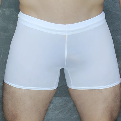 White sheer mesh boxer briefs with solid white waistband from mckillop daus tackle shorts ultra mesh collection