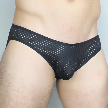 Black mesh mckillop gbpl gravity brief expose lycra with subtle white dots and diagonal ribbed texture