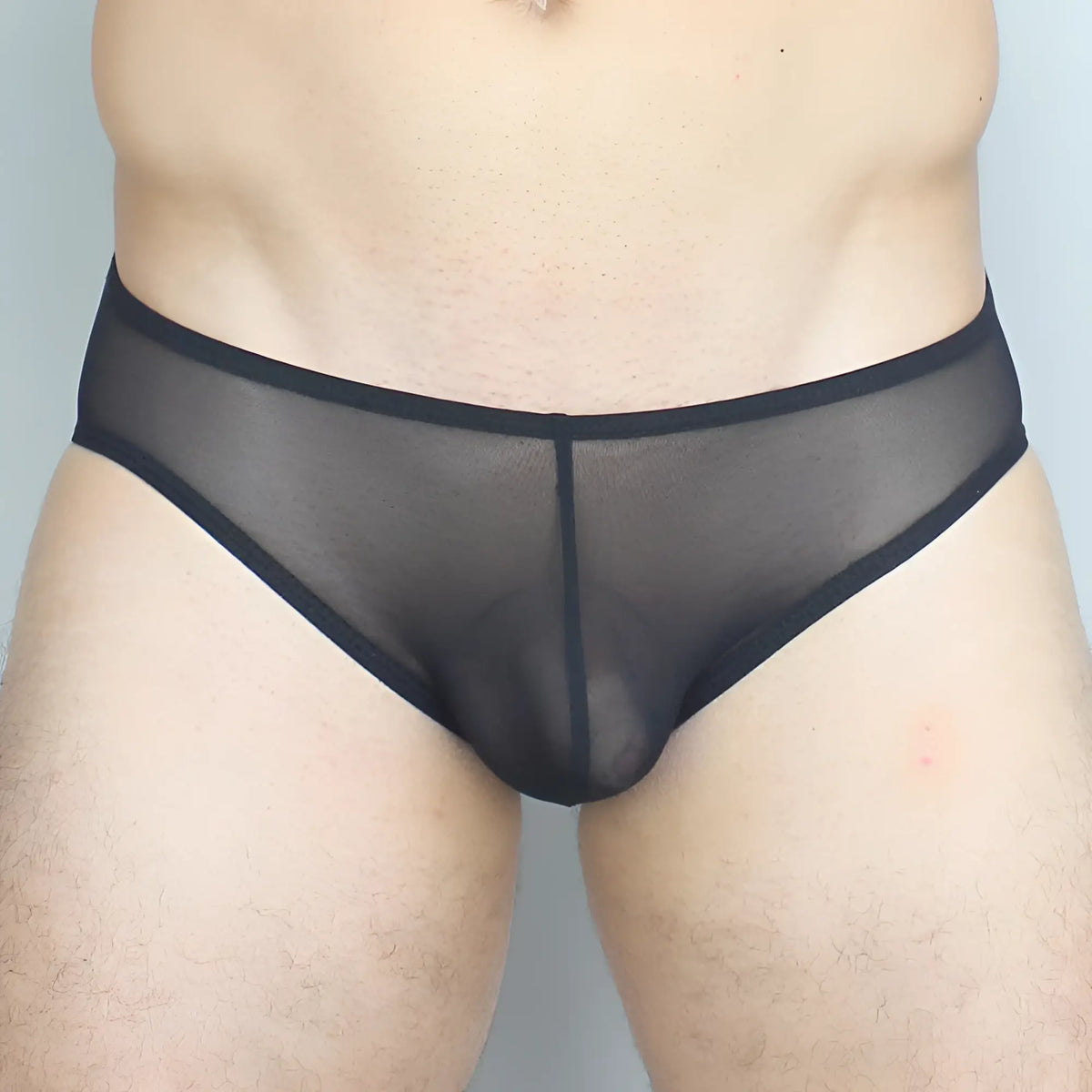 Mckillop GBUS Gravity brief ultra mesh black sheer mesh briefs with solid waistband and leg openings front view