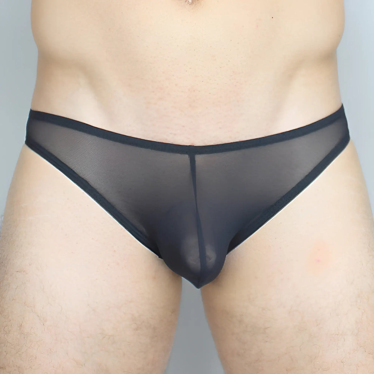 Black sheer mesh briefs with solid black waistband mckillop gkus gravity bikini ultra mesh front view
