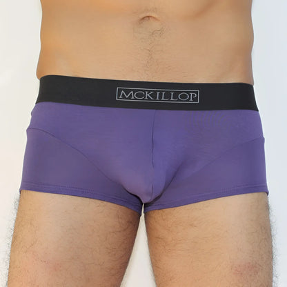 Purple mckillop modal boxer brief underwear eggplant color with black waistband size s shown from back side