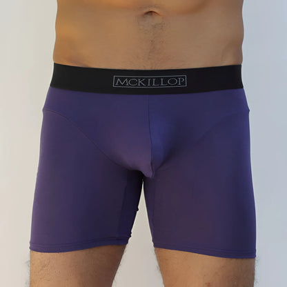 Purple mckillop jlxmo long boxer briefs with black waistband made from modal fabric in eggplant color size m