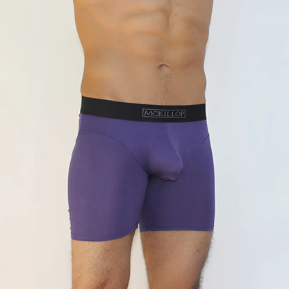 Purple mckillop brand modal long boxer briefs in eggplant with a black waistband size m showing front side