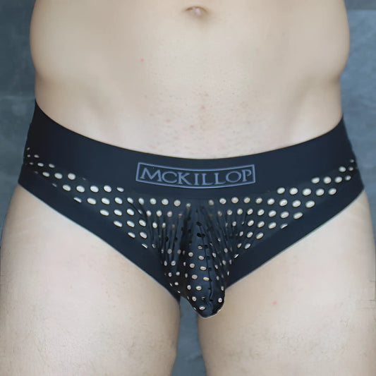 Black mckillop mckobhq briefs with sheer dotted mesh design and solid waistband for a stylish comfortable fit