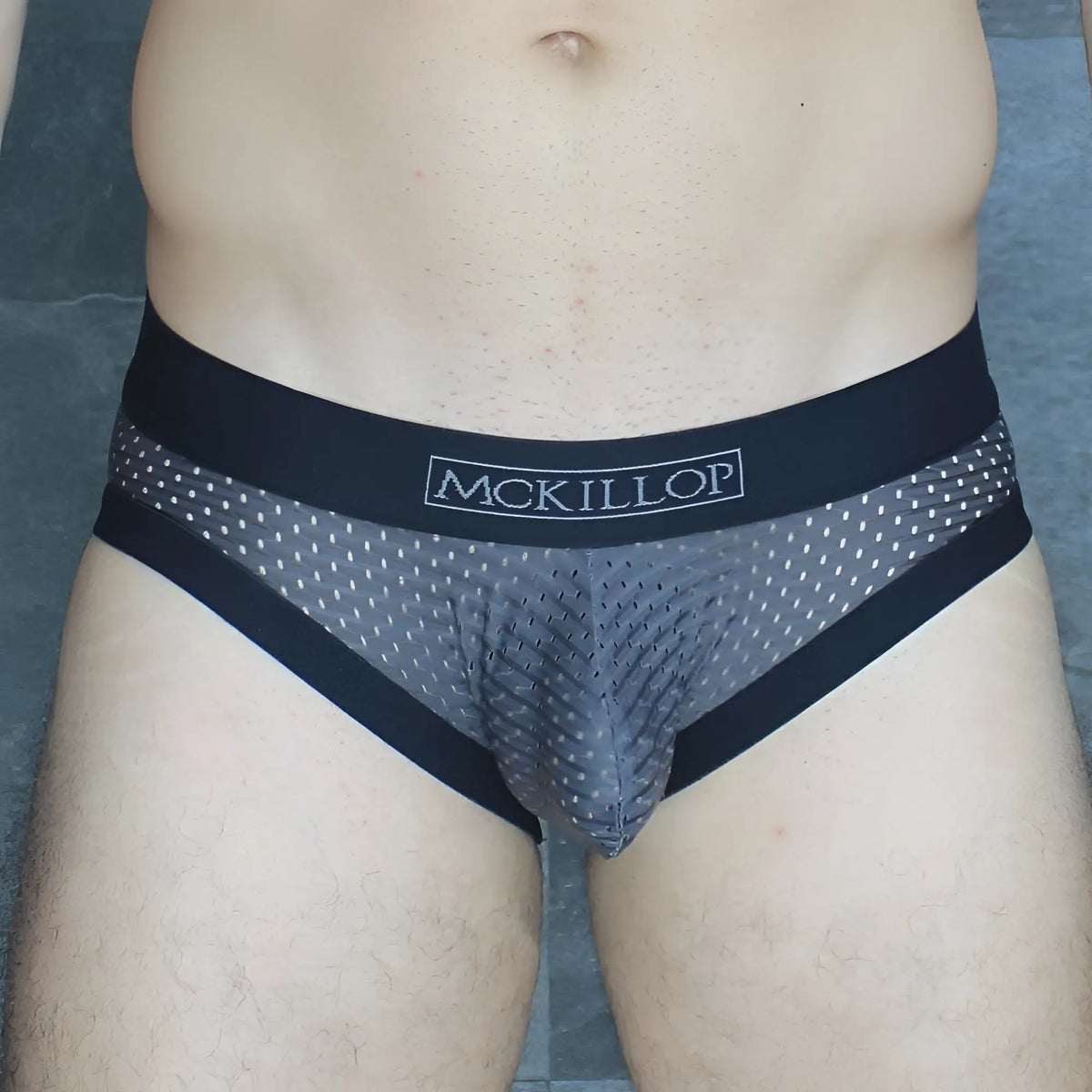Gray and black mckillop mckobpl briefs with a breathable mesh pattern for comfortable everyday wear