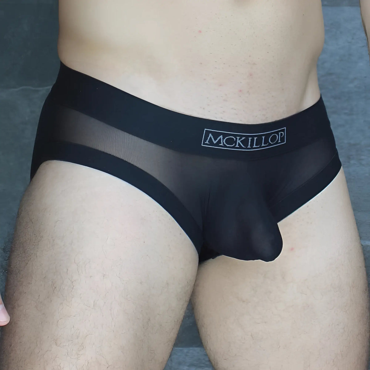 Mckillop obus hoist brief ultra mesh menâ€™s underwear black with sheer mesh front panel and solid fabric sides