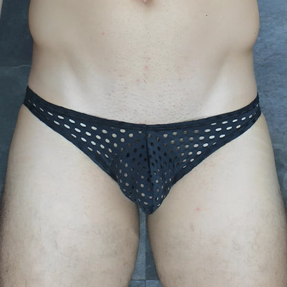 Black mesh mckillop vkhq hoist bikini glory lycra briefs with white circular hole pattern front view