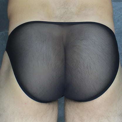 Black sheer mesh briefs with a solid black elastic waistband from Mckillop VKUS Hoist bikini ultra mesh collection