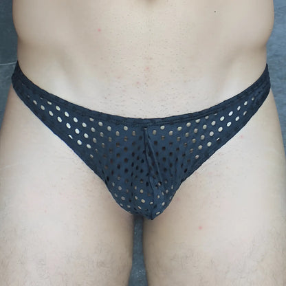 Black mckillop vthq hoist thong glory lycra mesh briefs with evenly spaced circular holes visible from the front