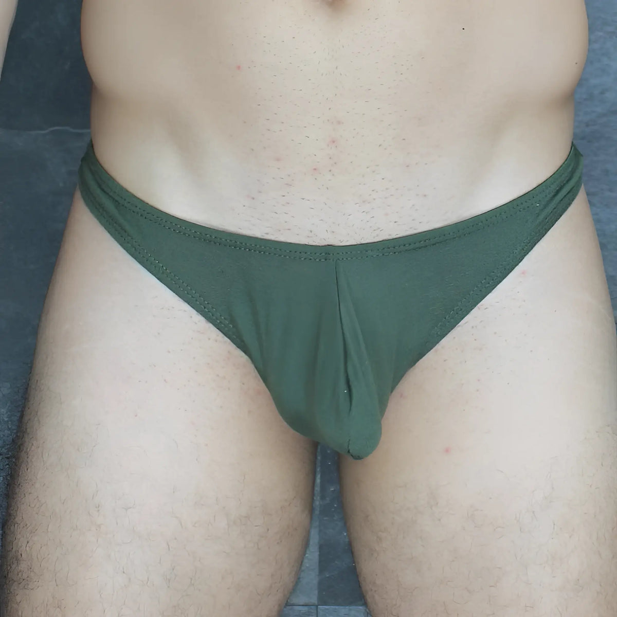 Olive green cotton briefs with central seam and stitched waistband from mckillop vtmo hoist thong modal collection