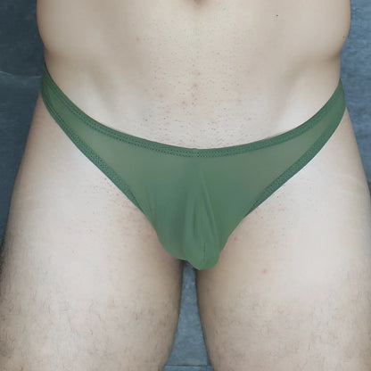Olive green sheer mesh thong mckillop vtus hoist thong ultra mesh showing front side design and material details