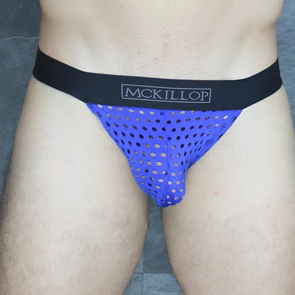 Blue perforated mckillop tanga briefs with black waistband made from glory lycra for comfortable wear