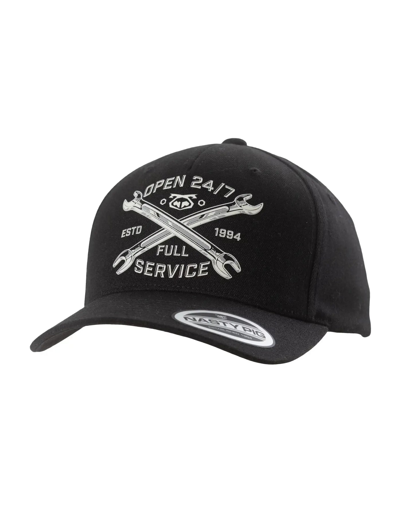 Black nasty pig mechanic cap with white embroidered crossed wrenches logo open 24/7 estd full service 1984