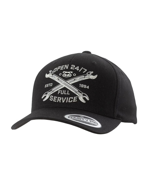 Black nasty pig mechanic cap with white embroidered crossed wrenches logo open 24/7 estd full service 1984