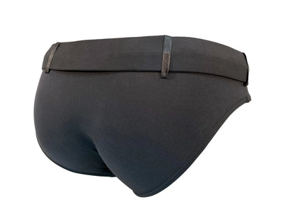 Black men's swim briefs by Maris Equi featuring a sleek design and comfortable waistband shown from the back.
