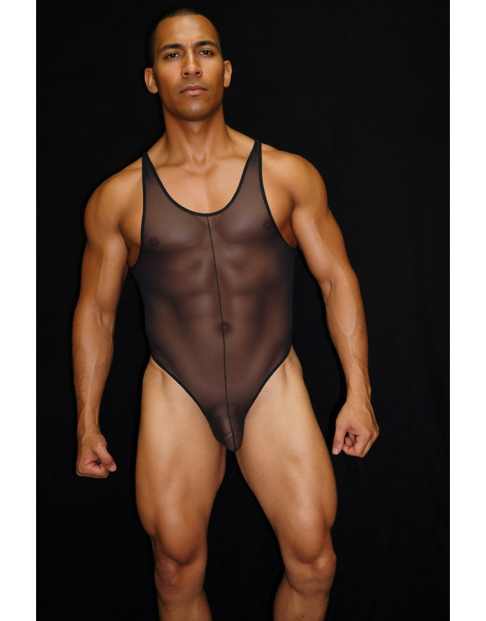 Arroyman Men's Black Tulle Mesh Bodysuit Thong BY05L