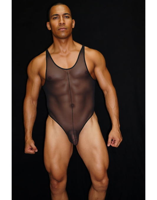 Arroyman Men's Black Tulle Mesh Bodysuit Thong BY05L