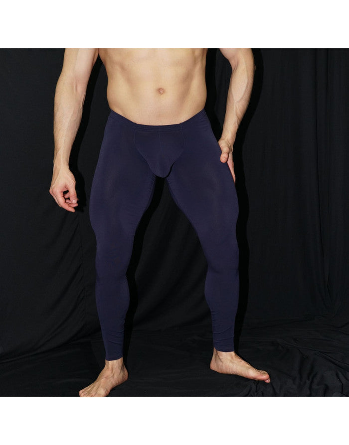 Men’s sculpted navy navy blue form-fitting performance leggings arroyman bulge runner tights rnr006s back view