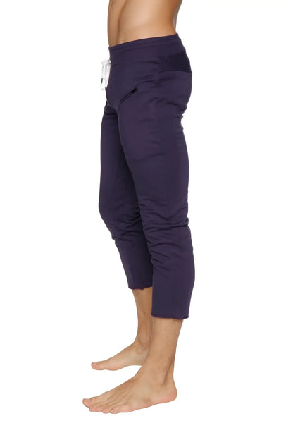 Mens 4/5 zipper pocket navy blue capri yoga pants with white drawstring waistband and side pockets