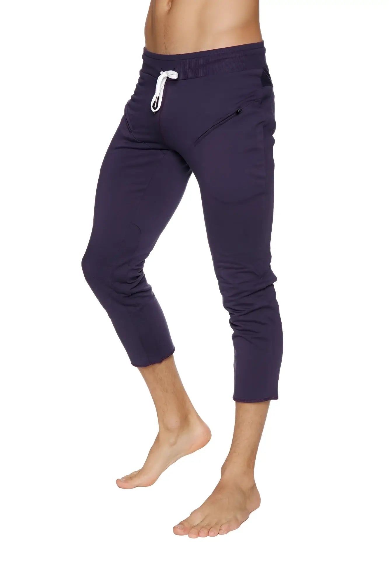 Navy blue capri-length joggers with white drawstring waistband and side pockets from mens 4/5 zipper pocket capri yoga pants eggplant collection