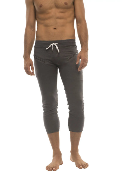 Mens solid charcoal capri yoga pants with white drawstring waistband and side zipper pockets