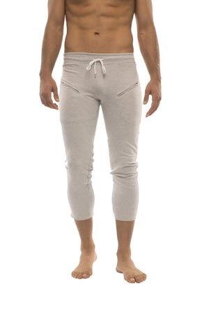 Light gray solid heather grey mens 4/5 zipper pocket capri yoga pants with drawstring waist and side pockets