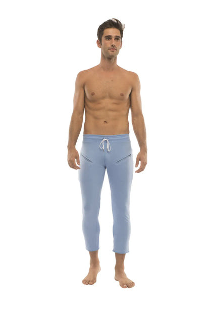 Mens ice blue capri yoga pants with white drawstring waistband and side pockets for athletic wear