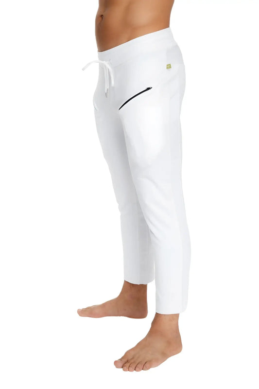 Mens white athletic joggers with a drawstring waistband and black zipper side pocket for yoga and casual wear