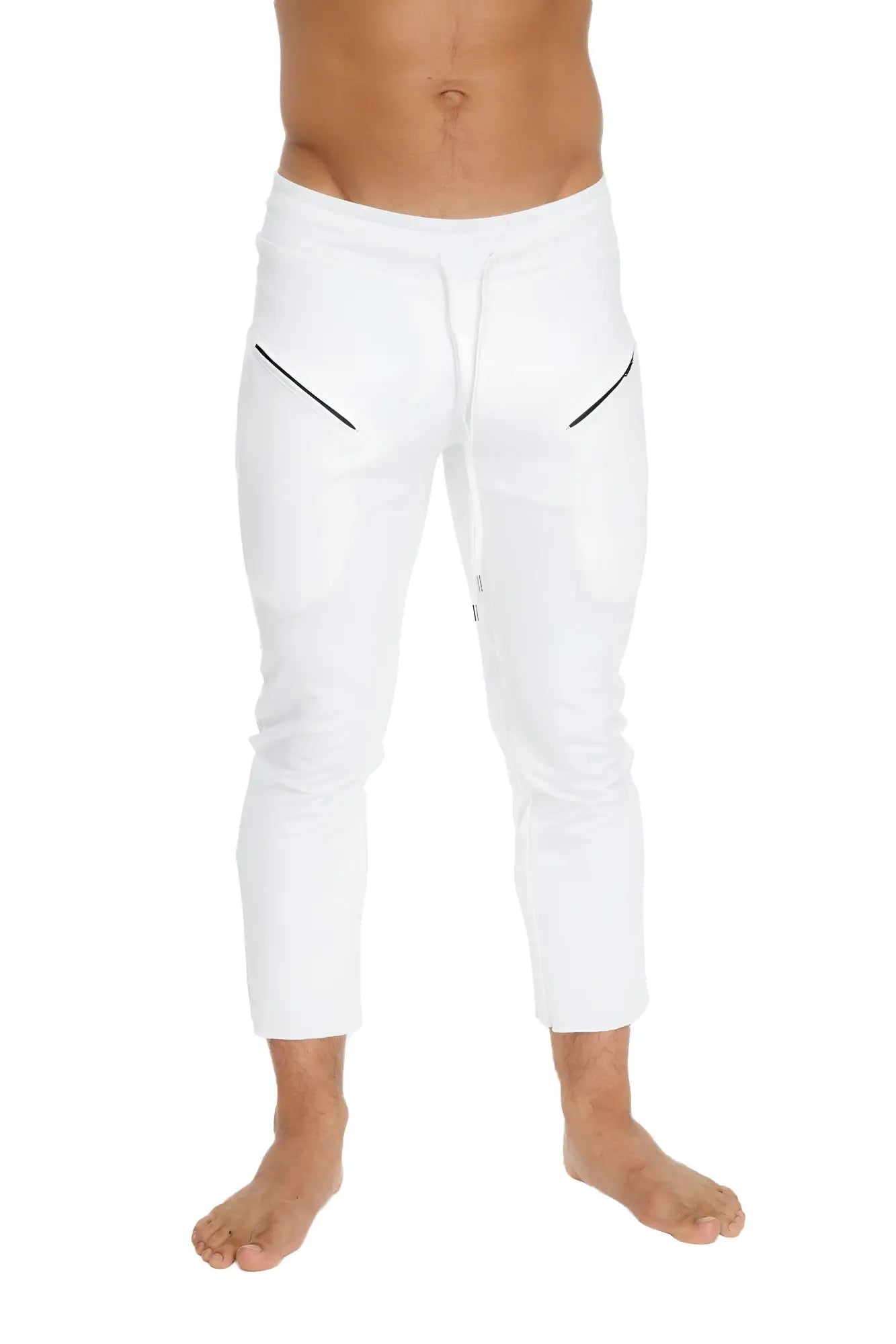 Mens 4/5 zipper pocket capri yoga pants in white with black diagonal side zippers and athletic jogger fit