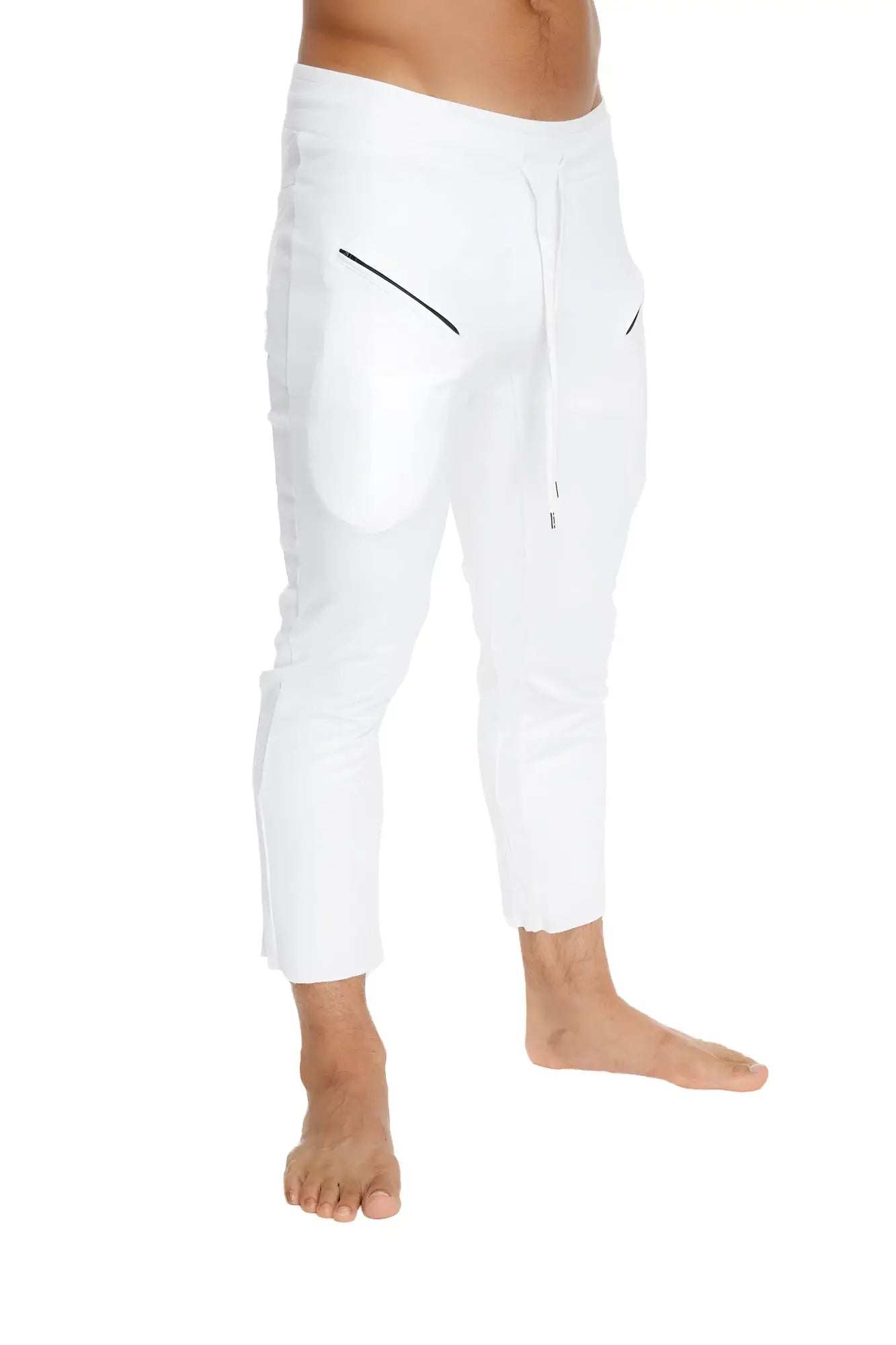 Mens white athletic joggers with black diagonal zipper pockets and drawstring waistband for yoga and casual wear
