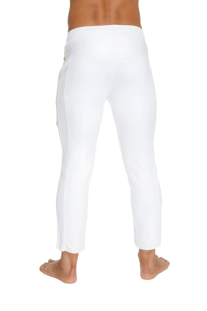 Back view of mens white slim-fit cargo capri yoga pants with subtle yellow logo on waistband and zipper pockets