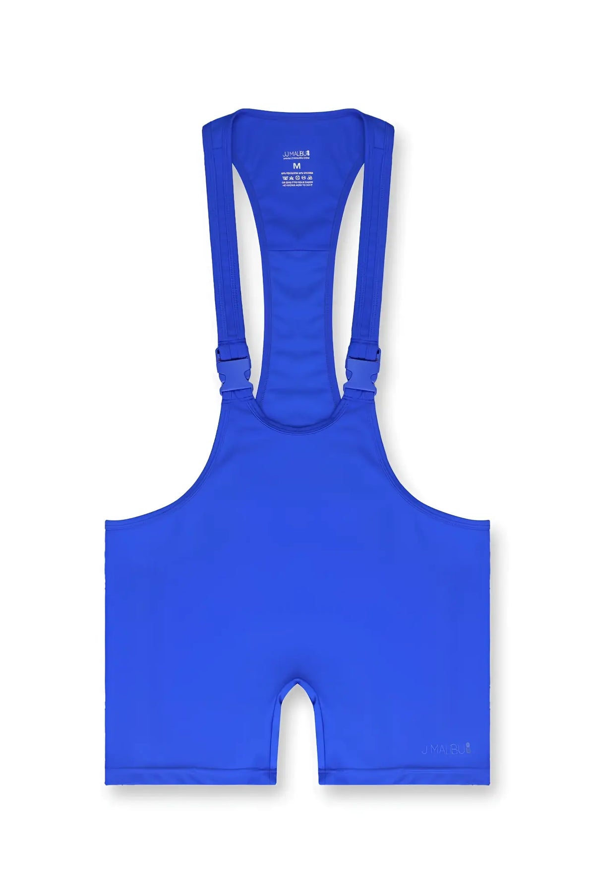 Menâ€™s athletic wrestling singlet bodysuit in bright royal blue with adjustable shoulder straps and snug fit