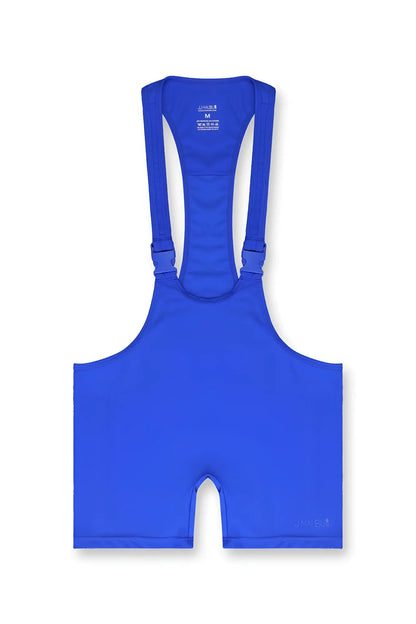 Menâ€™s athletic wrestling singlet bodysuit in bright royal blue with adjustable shoulder straps and snug fit
