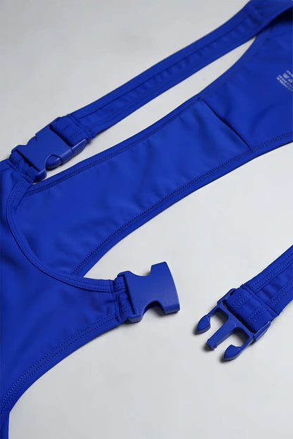 Royal blue menâ€™s athletic wrestling singlet bodysuit with stretchy bikini top and adjustable plastic buckle straps
